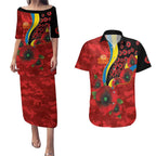 Gold Suns ANZAC Personalised Couples Matching Puletasi and Hawaiian Shirt Lest We Forget Poppy Camo