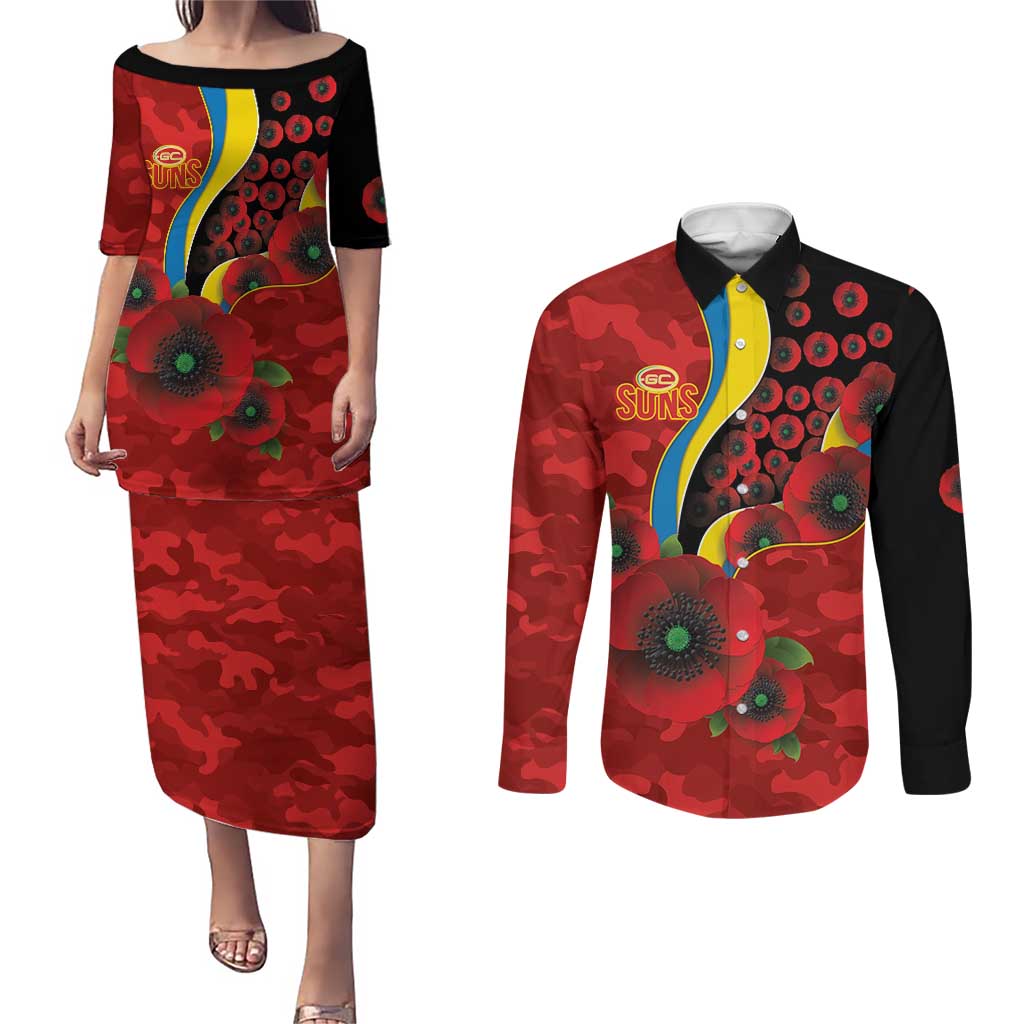 Gold Suns ANZAC Personalised Couples Matching Puletasi and Long Sleeve Button Shirt Lest We Forget Poppy Camo