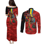 Gold Suns ANZAC Personalised Couples Matching Puletasi and Long Sleeve Button Shirt Lest We Forget Poppy Camo