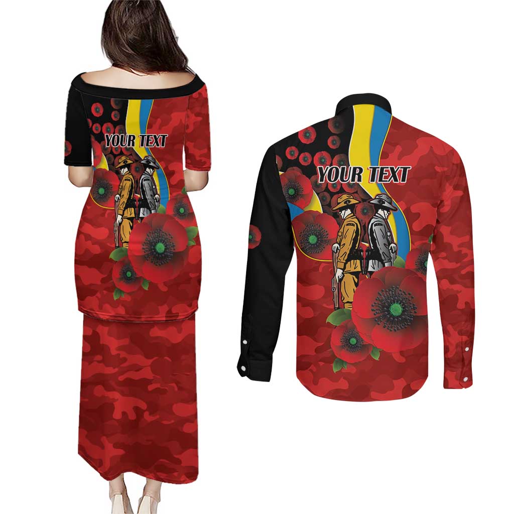 Gold Suns ANZAC Personalised Couples Matching Puletasi and Long Sleeve Button Shirt Lest We Forget Poppy Camo