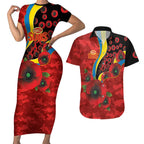 Gold Suns ANZAC Personalised Couples Matching Short Sleeve Bodycon Dress and Hawaiian Shirt Lest We Forget Poppy Camo