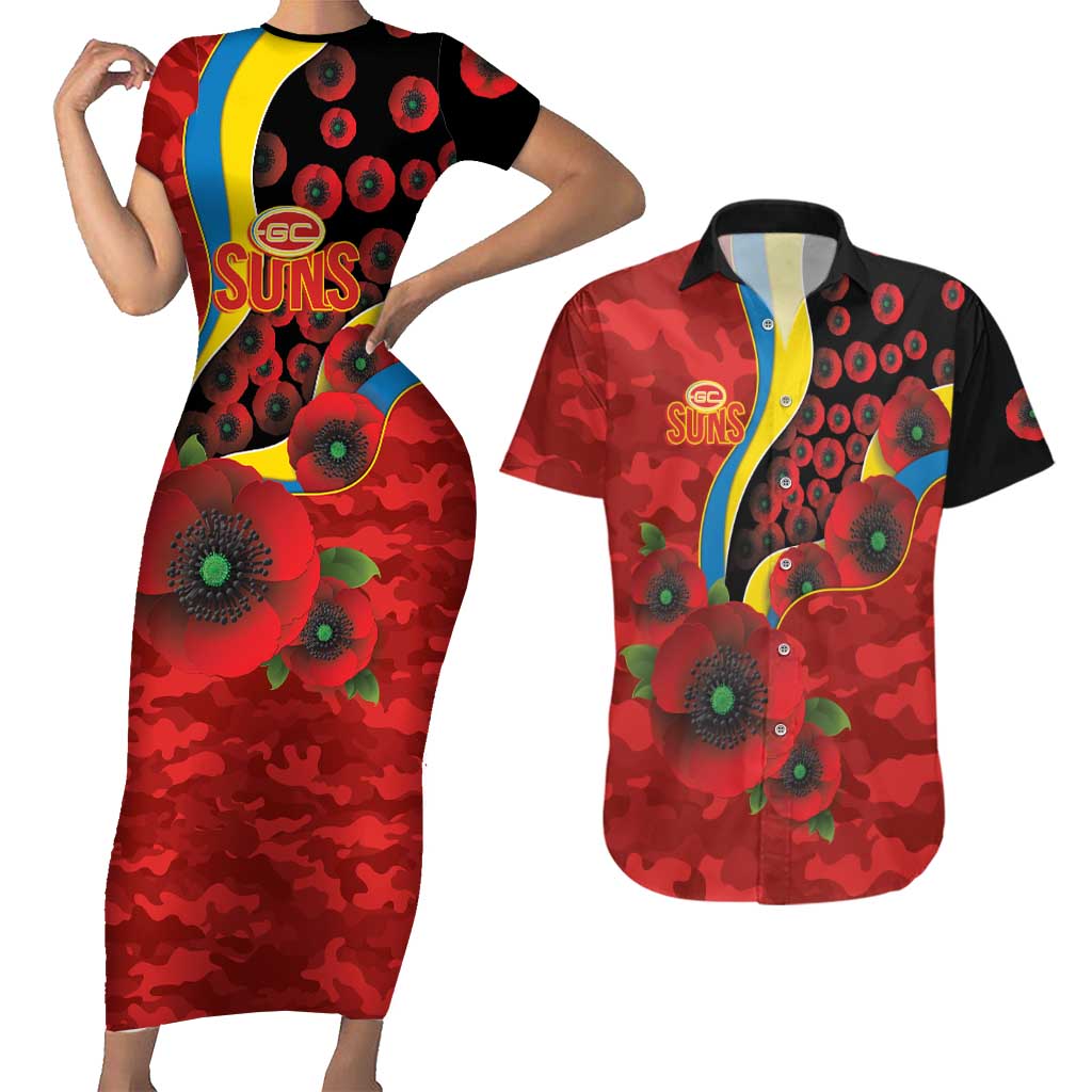 Gold Suns ANZAC Personalised Couples Matching Short Sleeve Bodycon Dress and Hawaiian Shirt Lest We Forget Poppy Camo