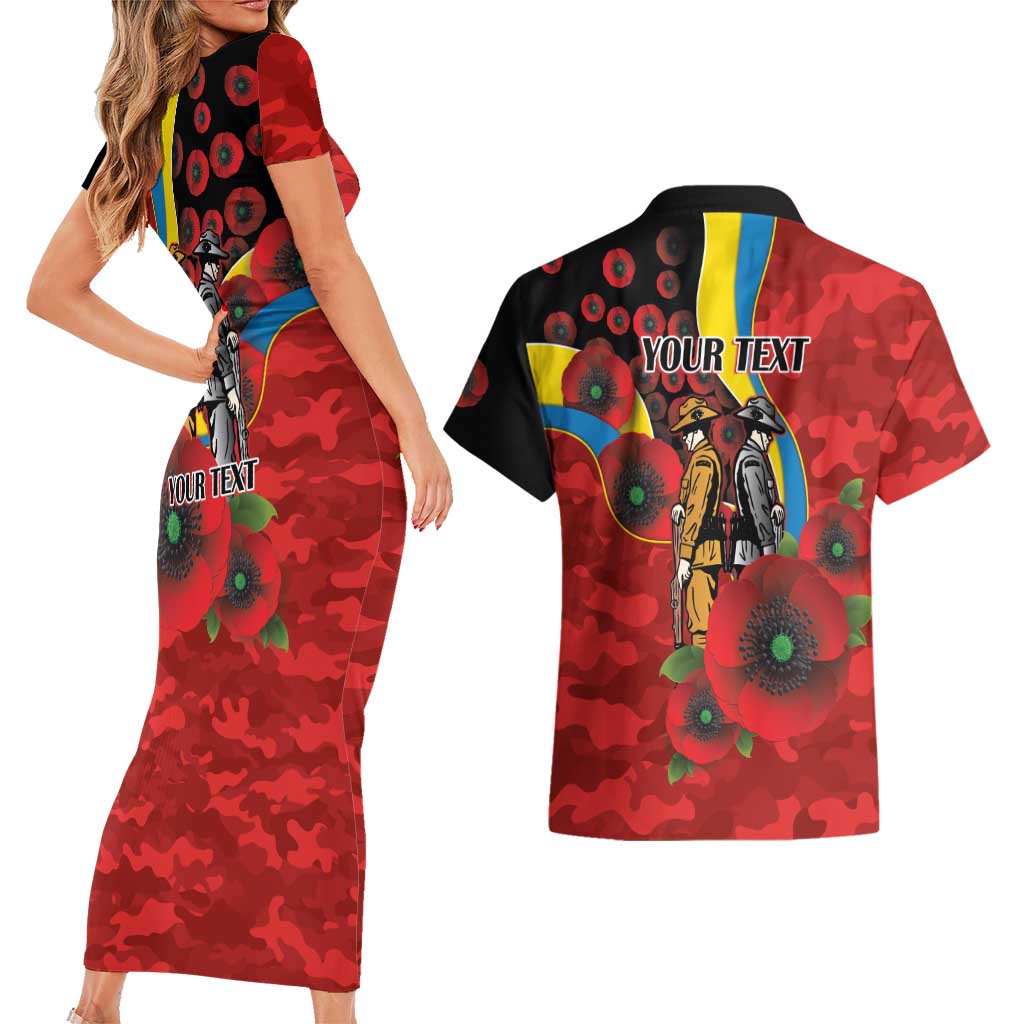 Gold Suns ANZAC Personalised Couples Matching Short Sleeve Bodycon Dress and Hawaiian Shirt Lest We Forget Poppy Camo