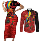 Gold Suns ANZAC Personalised Couples Matching Short Sleeve Bodycon Dress and Long Sleeve Button Shirt Lest We Forget Poppy Camo