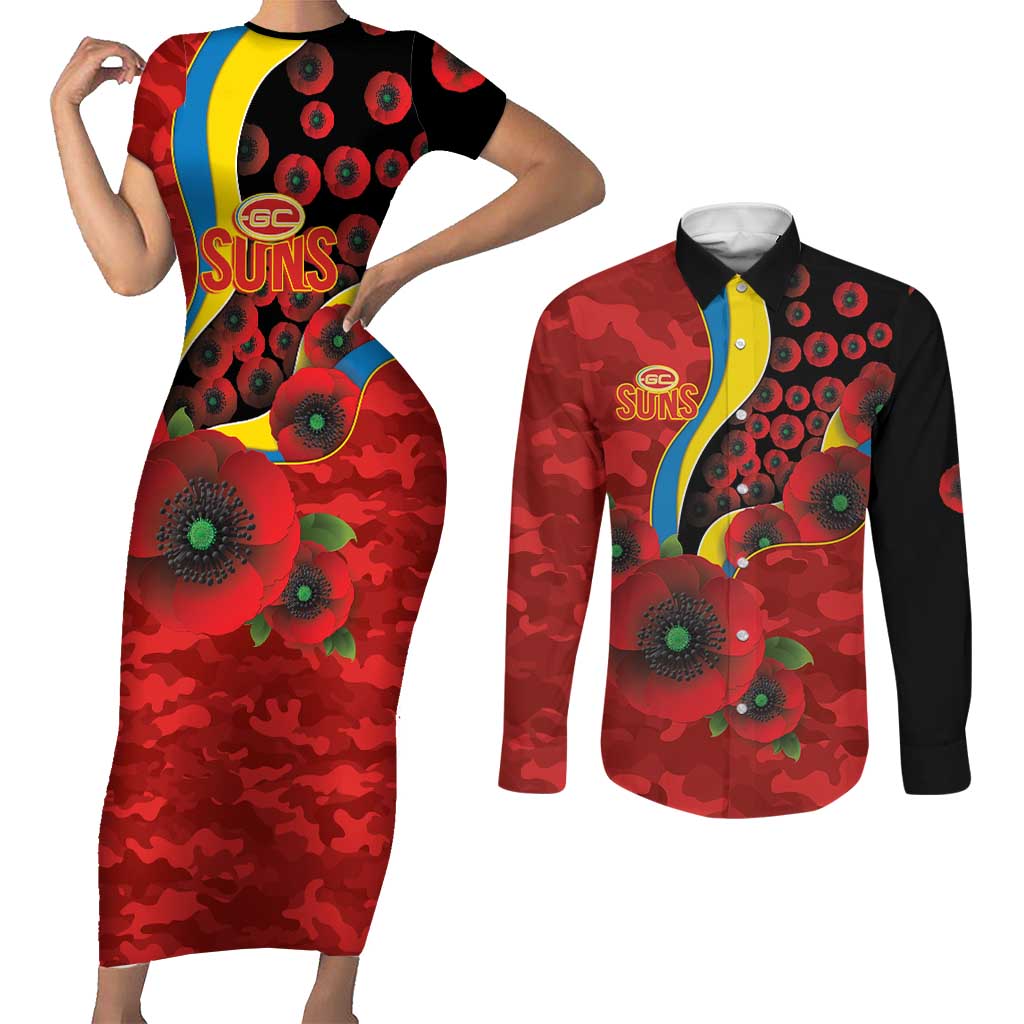 Gold Suns ANZAC Personalised Couples Matching Short Sleeve Bodycon Dress and Long Sleeve Button Shirt Lest We Forget Poppy Camo