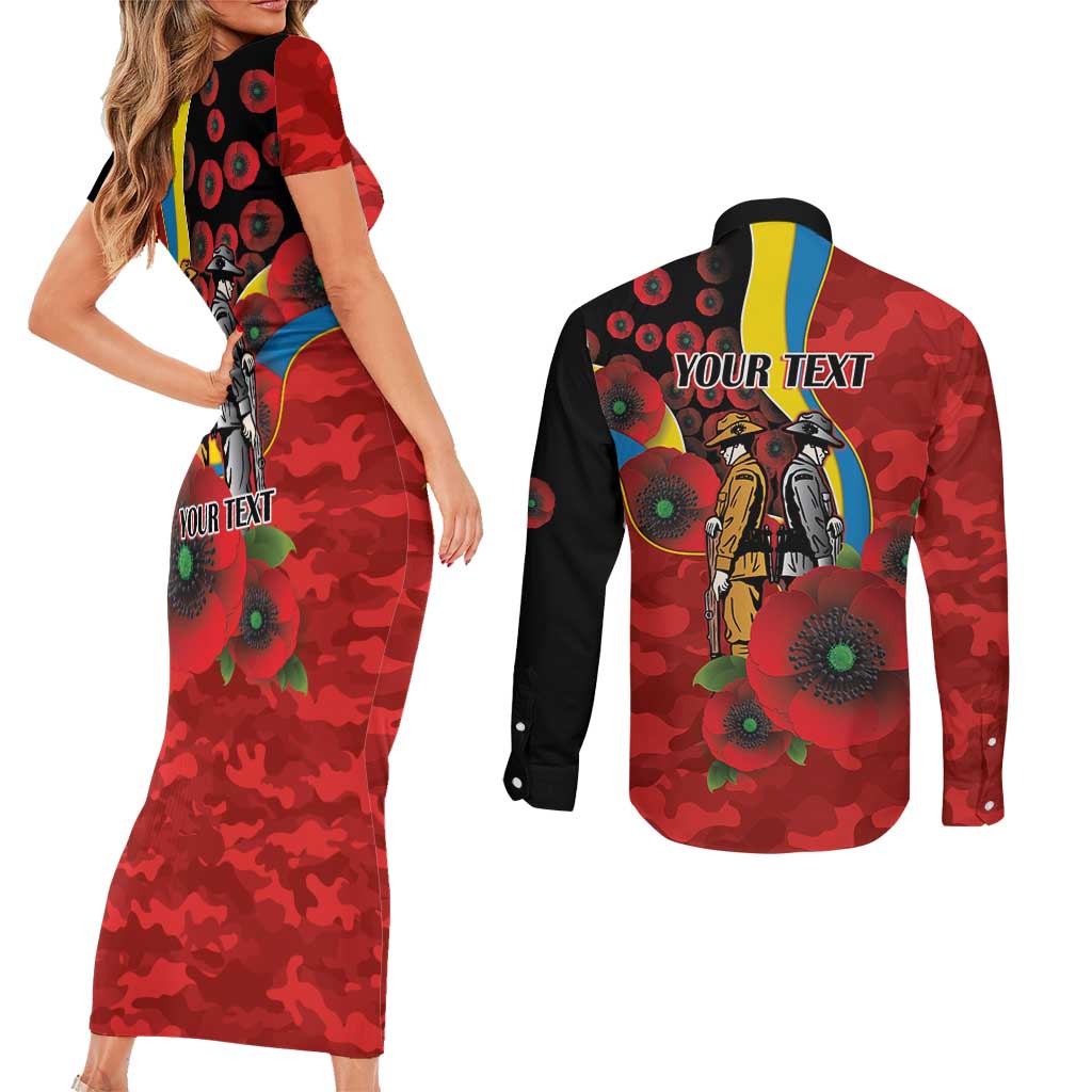 Gold Suns ANZAC Personalised Couples Matching Short Sleeve Bodycon Dress and Long Sleeve Button Shirt Lest We Forget Poppy Camo