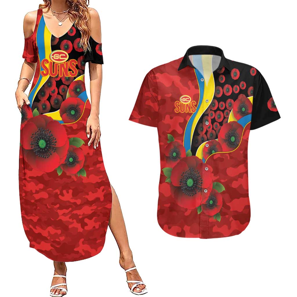 Gold Suns ANZAC Personalised Couples Matching Summer Maxi Dress and Hawaiian Shirt Lest We Forget Poppy Camo