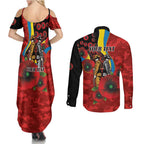 Gold Suns ANZAC Personalised Couples Matching Summer Maxi Dress and Long Sleeve Button Shirt Lest We Forget Poppy Camo