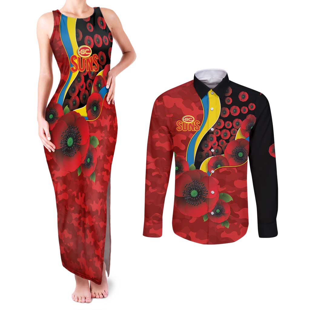 Gold Suns ANZAC Personalised Couples Matching Tank Maxi Dress and Long Sleeve Button Shirt Lest We Forget Poppy Camo