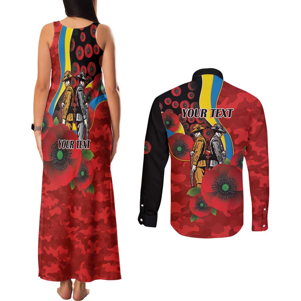 Gold Suns ANZAC Personalised Couples Matching Tank Maxi Dress and Long Sleeve Button Shirt Lest We Forget Poppy Camo