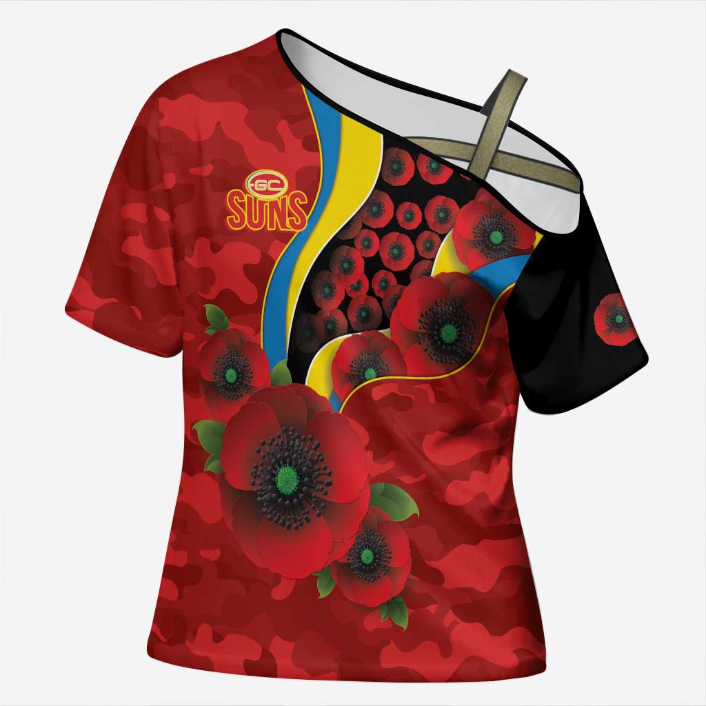 Gold Suns ANZAC Personalised Cross Shoulder Shirt Lest We Forget Poppy Camo