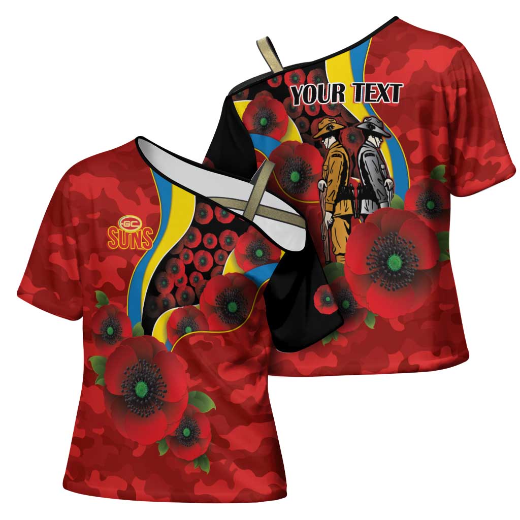 Gold Suns ANZAC Personalised Cross Shoulder Shirt Lest We Forget Poppy Camo