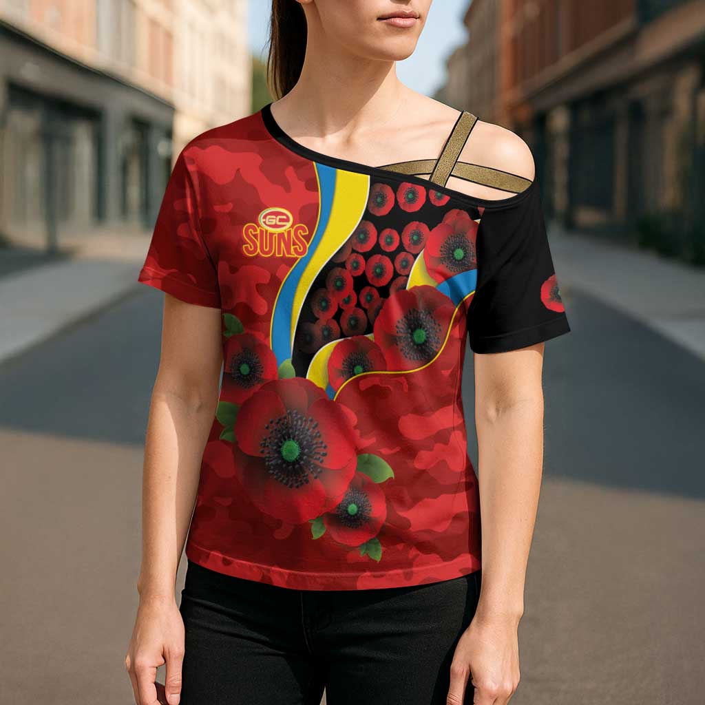Gold Suns ANZAC Personalised Cross Shoulder Shirt Lest We Forget Poppy Camo