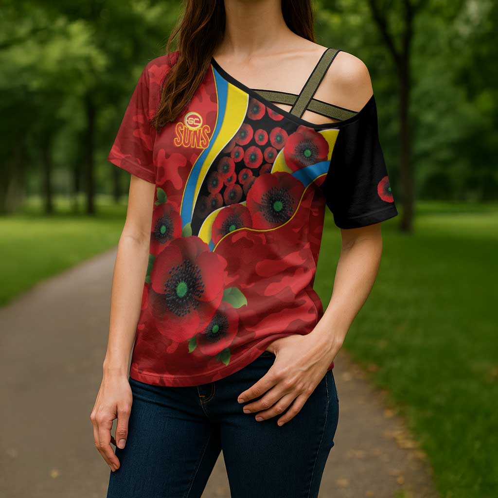 Gold Suns ANZAC Personalised Cross Shoulder Shirt Lest We Forget Poppy Camo