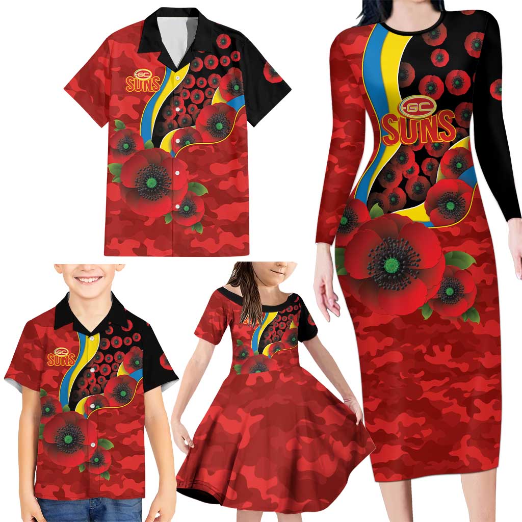 Gold Suns ANZAC Personalised Family Matching Long Sleeve Bodycon Dress and Hawaiian Shirt Lest We Forget Poppy Camo