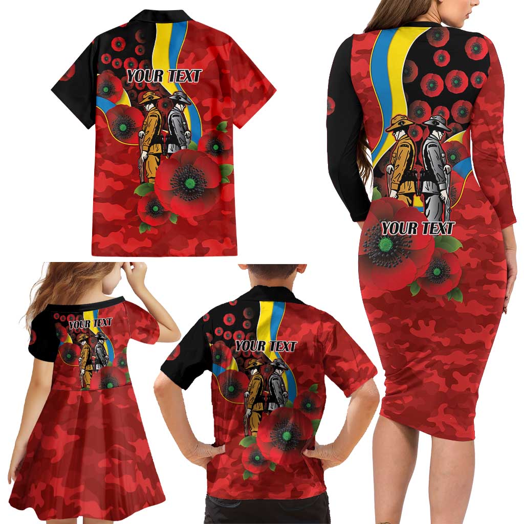 Gold Suns ANZAC Personalised Family Matching Long Sleeve Bodycon Dress and Hawaiian Shirt Lest We Forget Poppy Camo