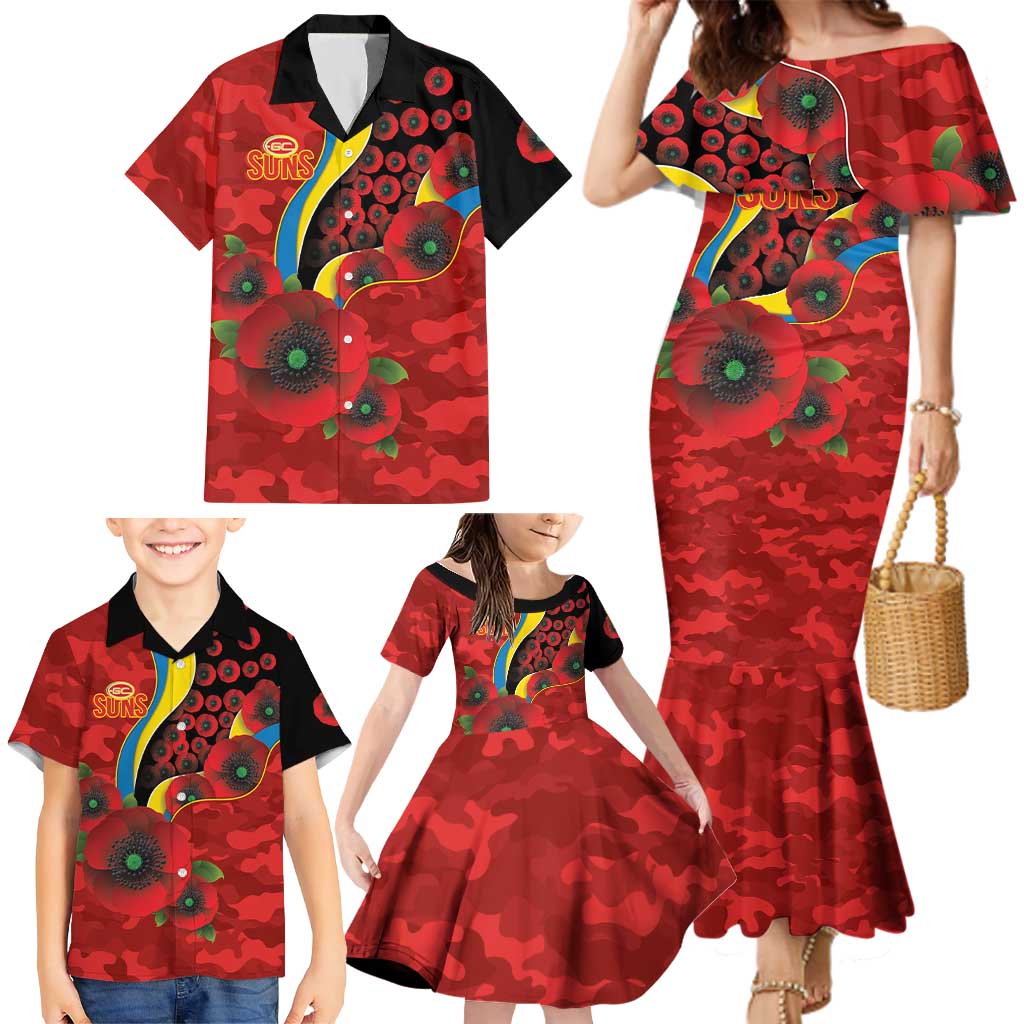 Gold Suns ANZAC Personalised Family Matching Mermaid Dress and Hawaiian Shirt Lest We Forget Poppy Camo