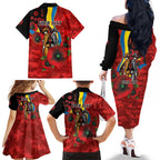 Gold Suns ANZAC Personalised Family Matching Off The Shoulder Long Sleeve Dress and Hawaiian Shirt Lest We Forget Poppy Camo