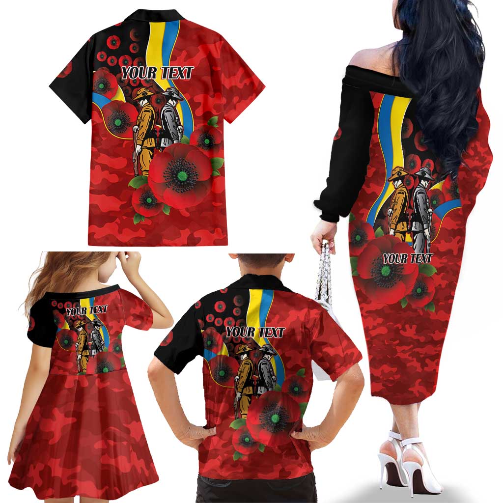 Gold Suns ANZAC Personalised Family Matching Off The Shoulder Long Sleeve Dress and Hawaiian Shirt Lest We Forget Poppy Camo