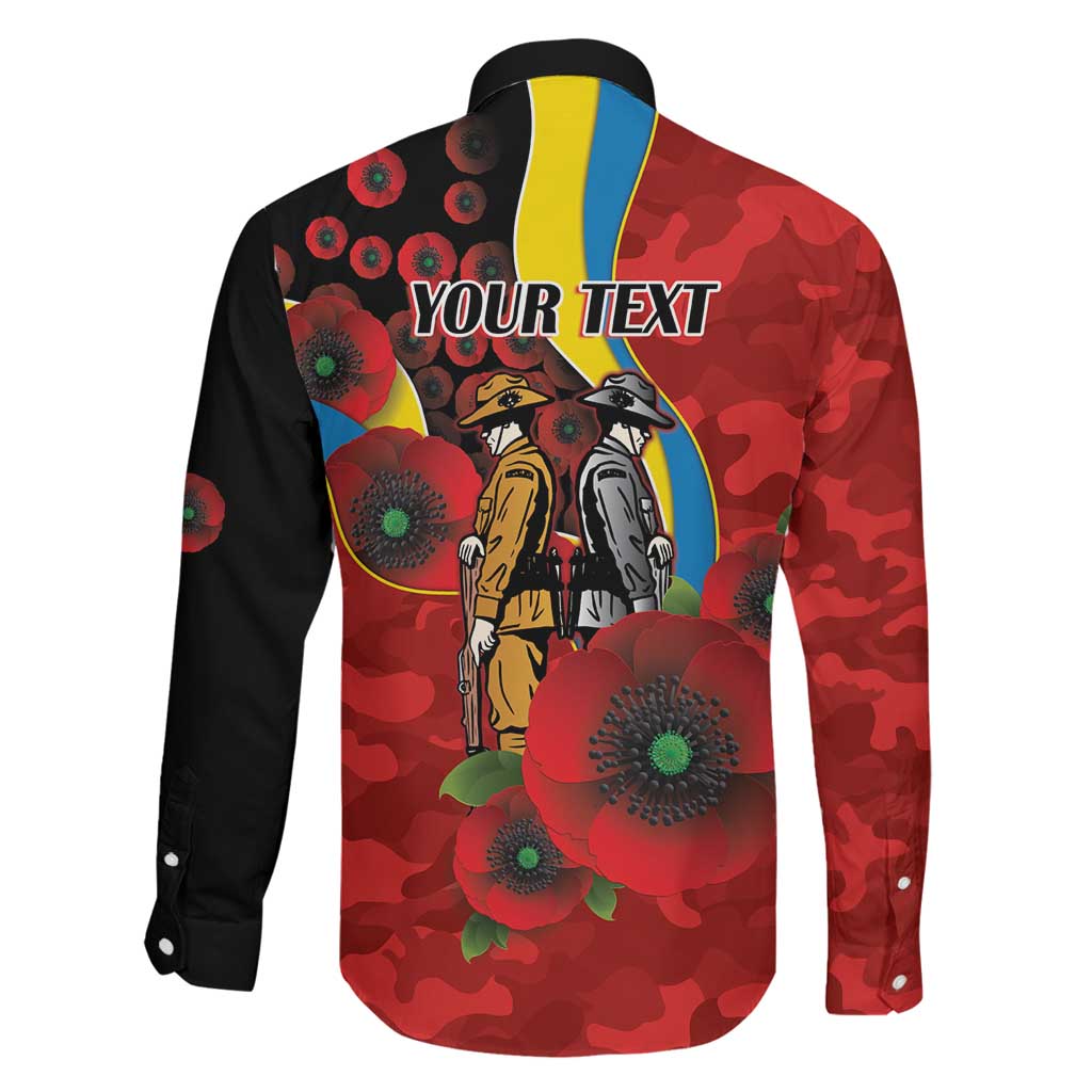 Gold Suns ANZAC Personalised Family Matching Off The Shoulder Long Sleeve Dress and Hawaiian Shirt Lest We Forget Poppy Camo
