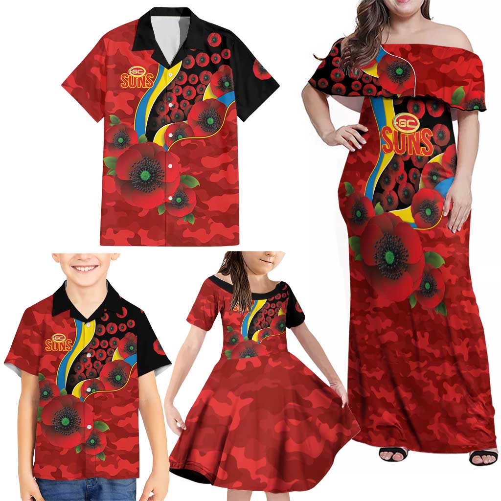Gold Suns ANZAC Personalised Family Matching Off Shoulder Maxi Dress and Hawaiian Shirt Lest We Forget Poppy Camo