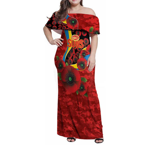 Gold Suns ANZAC Personalised Family Matching Off Shoulder Maxi Dress and Hawaiian Shirt Lest We Forget Poppy Camo
