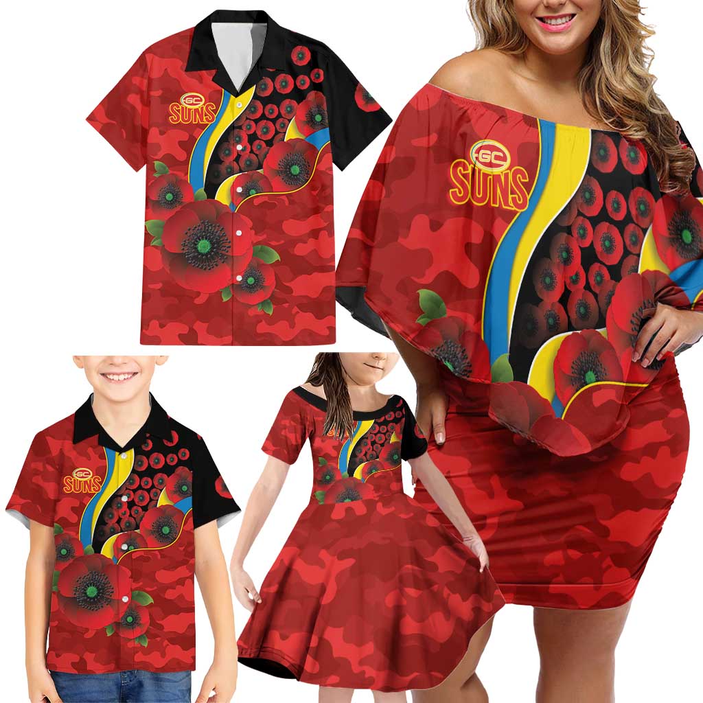 Gold Suns ANZAC Personalised Family Matching Off Shoulder Short Dress and Hawaiian Shirt Lest We Forget Poppy Camo