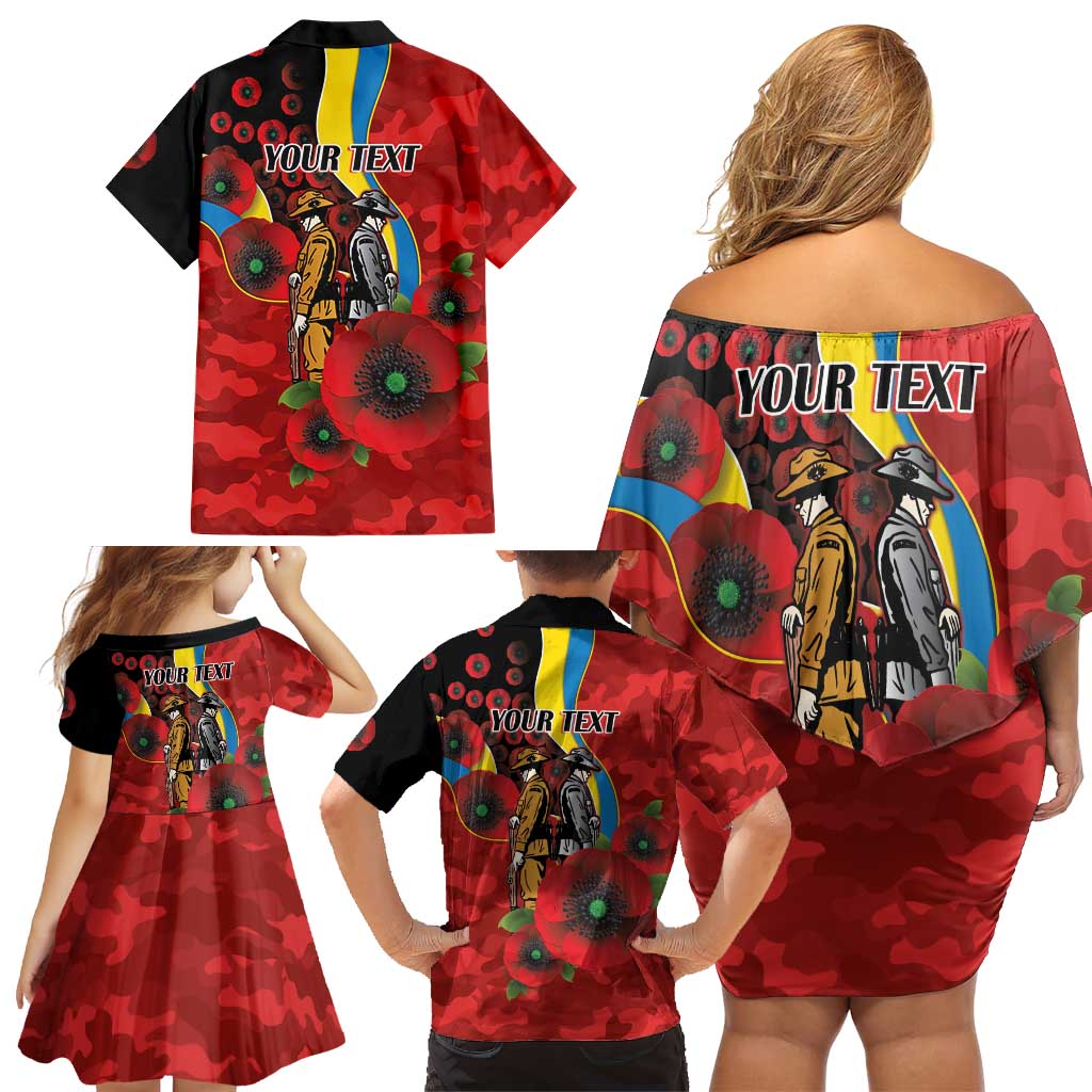 Gold Suns ANZAC Personalised Family Matching Off Shoulder Short Dress and Hawaiian Shirt Lest We Forget Poppy Camo