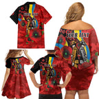 Gold Suns ANZAC Personalised Family Matching Off Shoulder Short Dress and Hawaiian Shirt Lest We Forget Poppy Camo