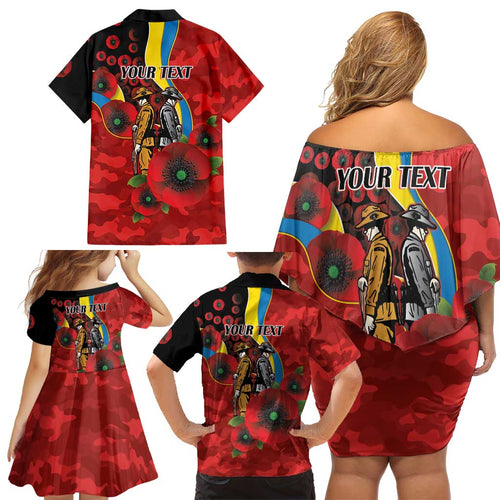 Gold Suns ANZAC Personalised Family Matching Off Shoulder Short Dress and Hawaiian Shirt Lest We Forget Poppy Camo