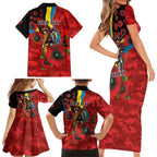 Gold Suns ANZAC Personalised Family Matching Short Sleeve Bodycon Dress and Hawaiian Shirt Lest We Forget Poppy Camo