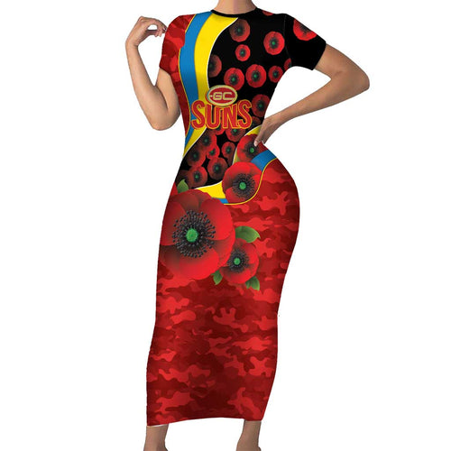 Gold Suns ANZAC Personalised Family Matching Short Sleeve Bodycon Dress and Hawaiian Shirt Lest We Forget Poppy Camo