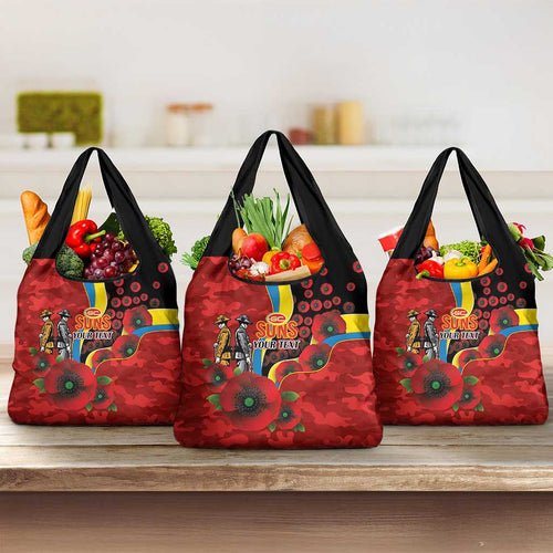 Gold Suns ANZAC Personalised Grocery Bag Lest We Forget Poppy Camo