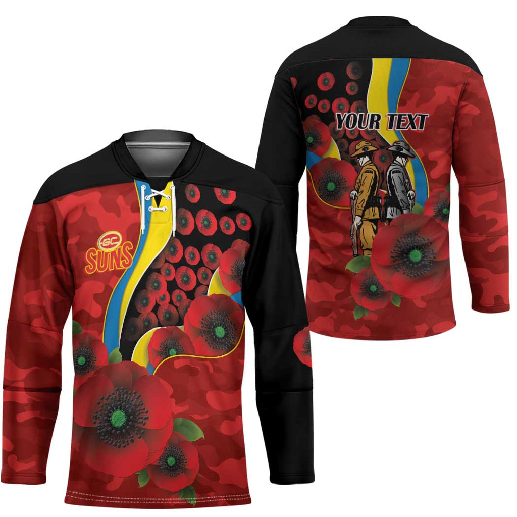 Gold Suns ANZAC Personalised Hockey Jersey Lest We Forget Poppy Camo