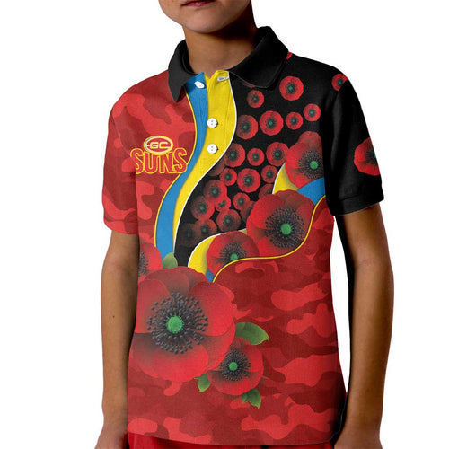 Gold Suns ANZAC Personalised Kid Polo Shirt Lest We Forget Poppy Camo