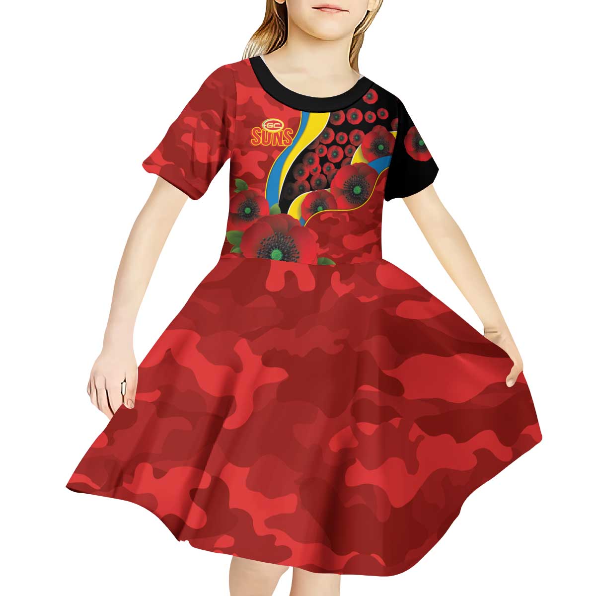 Gold Suns ANZAC Personalised Kid Short Sleeve Dress Lest We Forget Poppy Camo