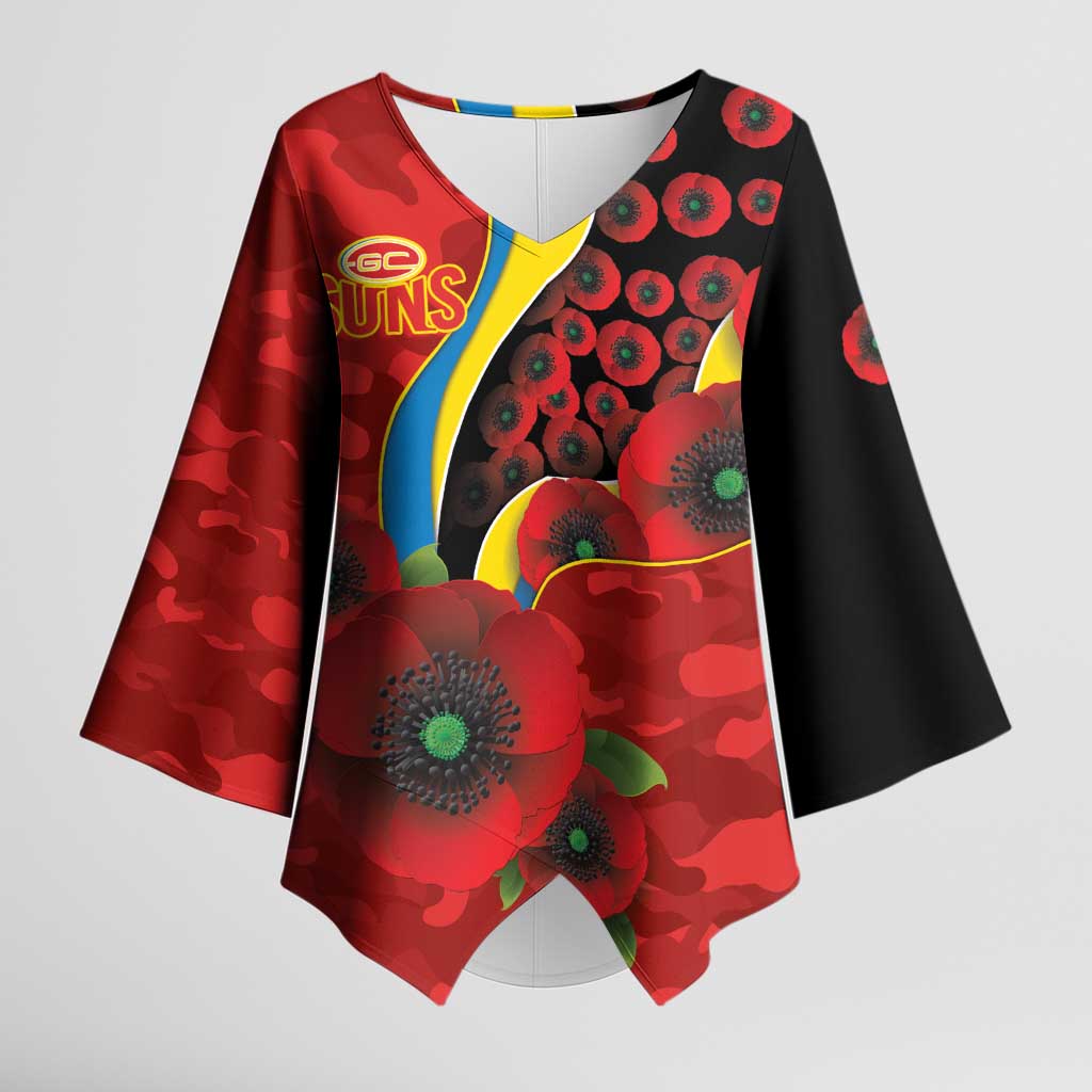 Gold Suns ANZAC Personalised Kimono Sleeve Blouse Lest We Forget Poppy Camo