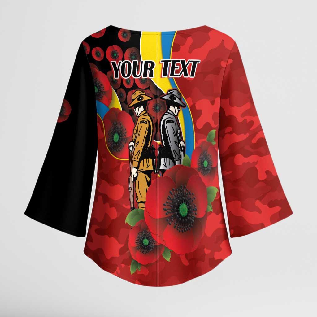 Gold Suns ANZAC Personalised Kimono Sleeve Blouse Lest We Forget Poppy Camo