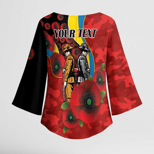 Gold Suns ANZAC Personalised Kimono Sleeve Blouse Lest We Forget Poppy Camo