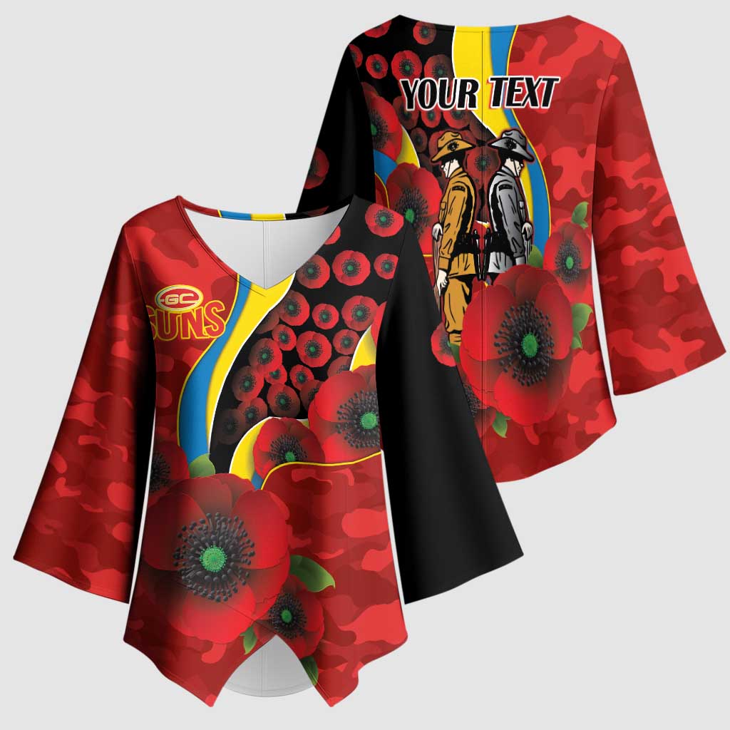 Gold Suns ANZAC Personalised Kimono Sleeve Blouse Lest We Forget Poppy Camo