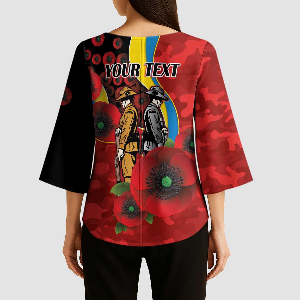Gold Suns ANZAC Personalised Kimono Sleeve Blouse Lest We Forget Poppy Camo