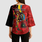 Gold Suns ANZAC Personalised Kimono Sleeve Blouse Lest We Forget Poppy Camo