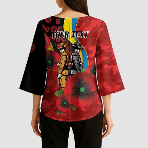 Gold Suns ANZAC Personalised Kimono Sleeve Blouse Lest We Forget Poppy Camo