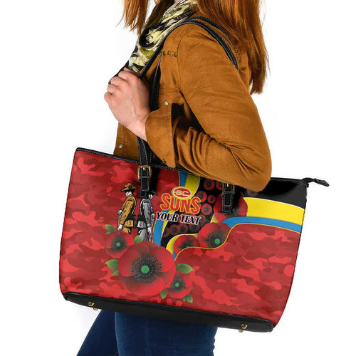 Gold Suns ANZAC Personalised Leather Tote Bag Lest We Forget Poppy Camo