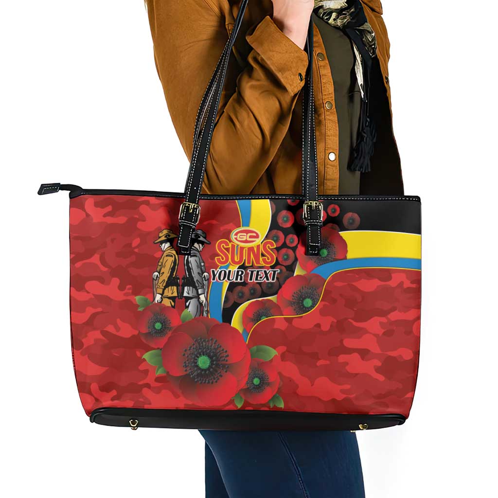 Gold Suns ANZAC Personalised Leather Tote Bag Lest We Forget Poppy Camo