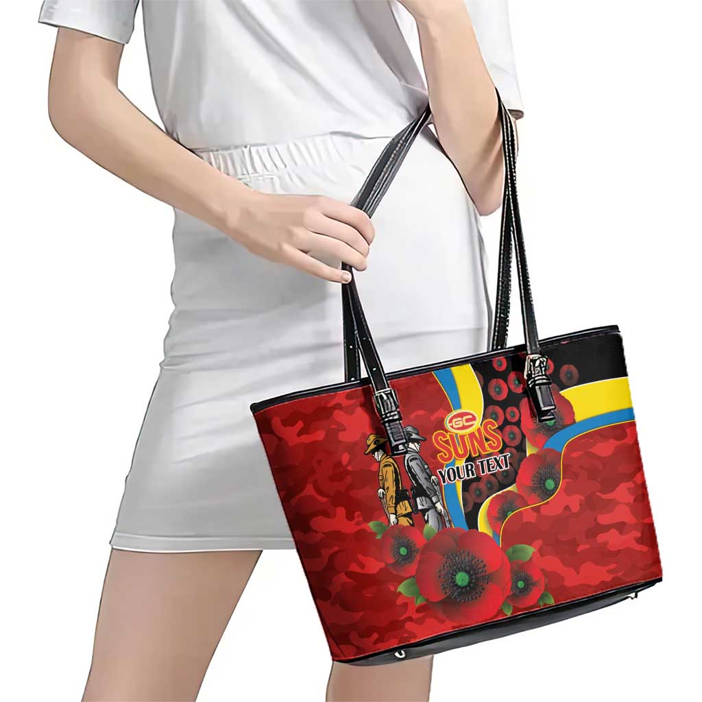Gold Suns ANZAC Personalised Leather Tote Bag Lest We Forget Poppy Camo