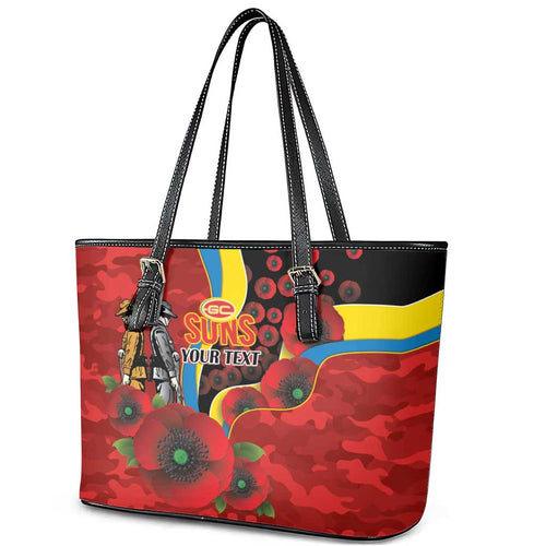 Gold Suns ANZAC Personalised Leather Tote Bag Lest We Forget Poppy Camo