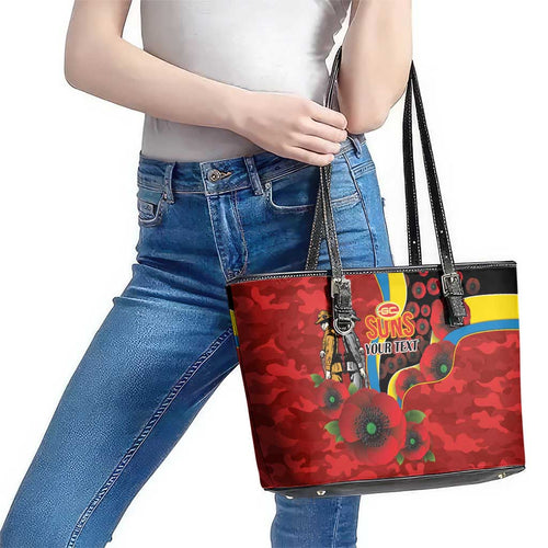 Gold Suns ANZAC Personalised Leather Tote Bag Lest We Forget Poppy Camo