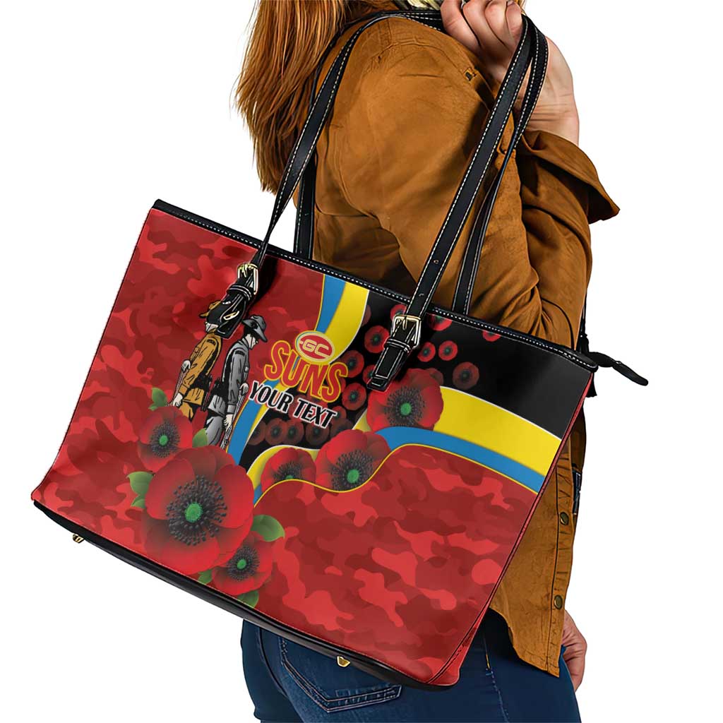 Gold Suns ANZAC Personalised Leather Tote Bag Lest We Forget Poppy Camo