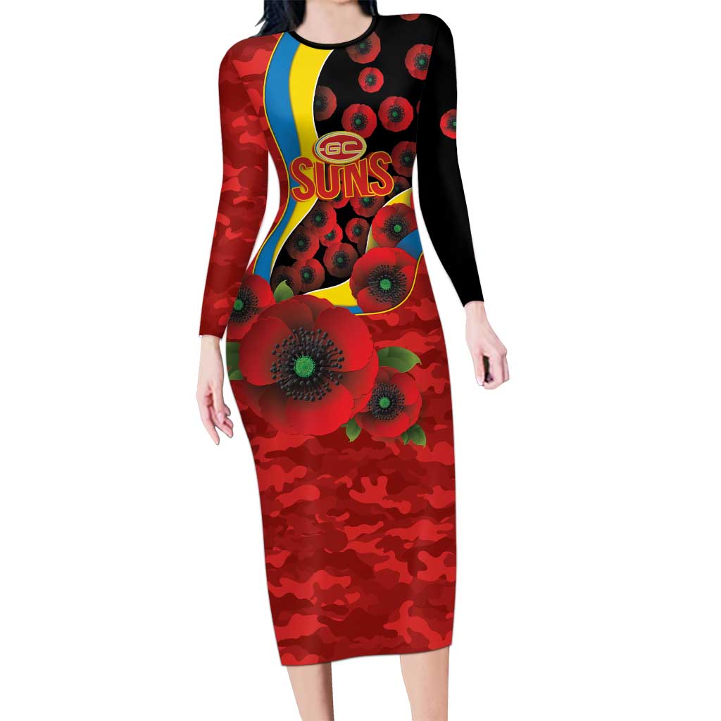 Gold Suns ANZAC Personalised Long Sleeve Bodycon Dress Lest We Forget Poppy Camo